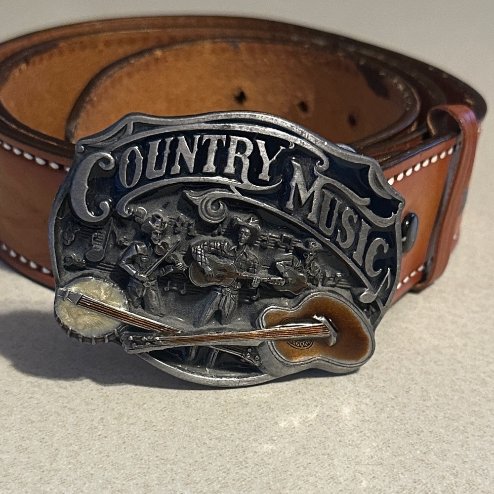 Brown tooled Leather western Belt with Country Music Buckle size 42 plus buckle